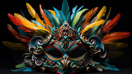 Mask with feathers, traditional costume of Venice, Italy. Black background.の素材