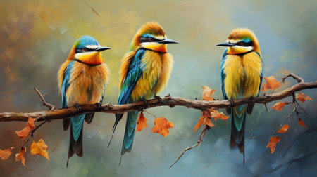 Beautiful birds sitting on a branch with autumn leaves. Colorful painting.の素材