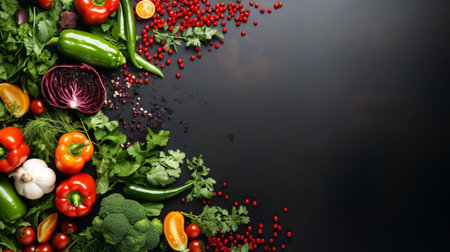 Fresh vegetables and herbs on black background. Top view with copy spaceの素材
