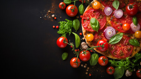 Italian pizza with tomatoes, basil, onion and spices on a black backgroundの素材