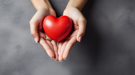 Female hands holding a red heart on a gray background, copy spaceの素材