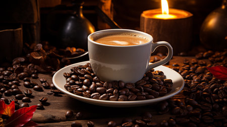 Coffee cup and beans on a wooden table. Coffee backgroundの素材
