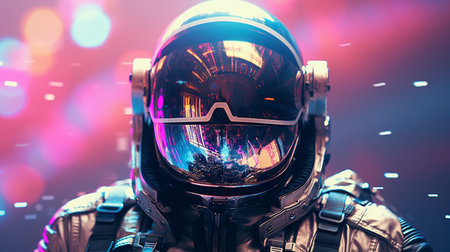 Astronaut in helmet and glasses on the background of the night city.の素材