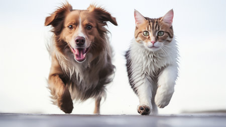 Dog and cat playing together in the street. Dog and cat playing outdoors.の素材