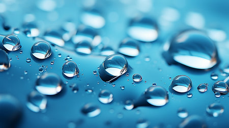 Water drops on blue background. Close up. 3D illustration.の素材