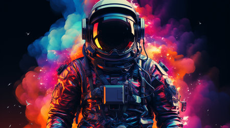 Astronaut in space suit and helmet against the background of a colorful explosion.の素材