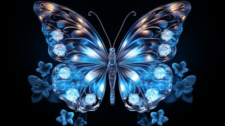 Blue butterfly on black background, 3d rendering. Computer digital drawing.の素材