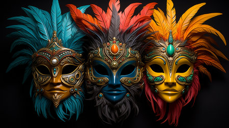 Carnival masks with feathers on black background. 3d illustrationの素材