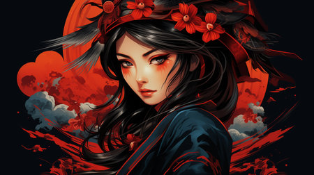 Beautiful girl with red flowers in her hair. Fashion illustration.の素材