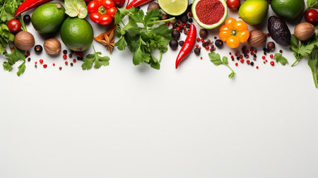 Fresh vegetables and spices on white background, top view. Space for textの素材