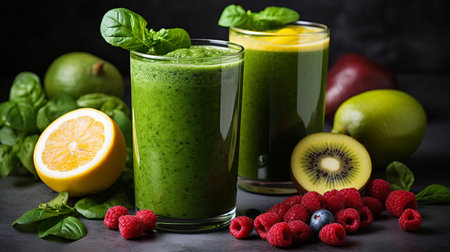 Healthy green smoothie in glasses with fresh fruits and berries on black backgroundの素材