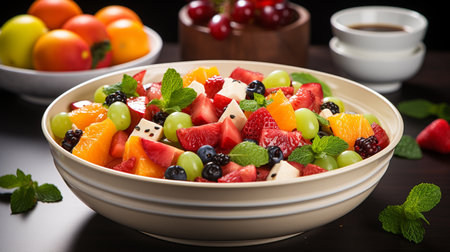 Fresh fruit salad with strawberries, blueberries, grapes, kiwi, oranges and melonの素材