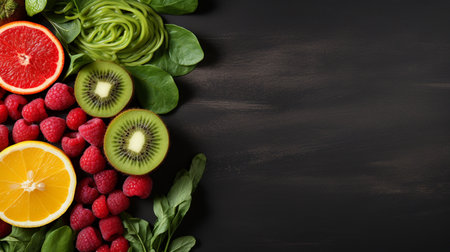 Healthy food background. Fresh fruits and vegetables on black background.の素材