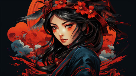 Portrait of a beautiful girl with red flowers in her hair.の素材