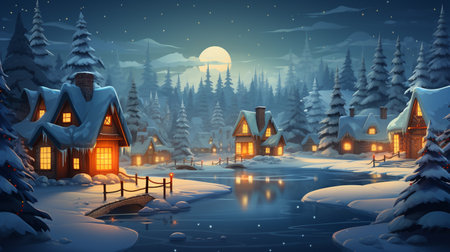 Winter village at night. Vector illustration of a beautiful winter village.の素材
