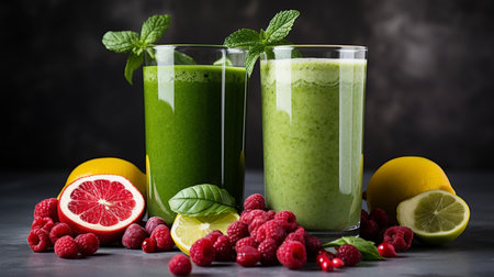 Healthy green smoothie with fresh raspberries, lemons, lime and mint on dark backgroundの素材