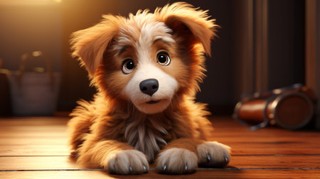 Cute dog lying on wooden floor at home and looking at cameraの素材