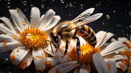 Bee on a flower and water drops, close-up, macroの素材