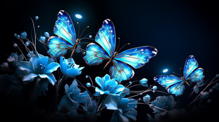 Beautiful blue flowers and butterfly, isolated on black background. 3d rendering.の素材