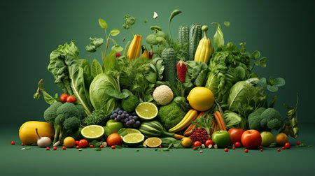 Healthy food background with fruits and vegetables. 3d illustration.の素材