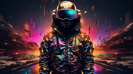 Futuristic man in futuristic space suit and helmet. Mixed mediaの素材