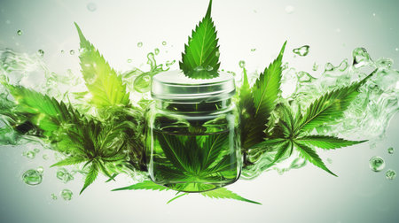 Cannabis leaves in glass jar with water splash on white background. Alternative medicine concept.の素材