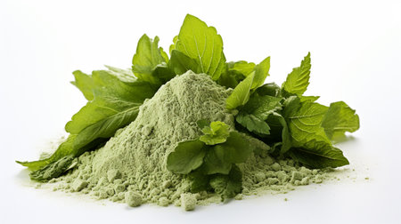 Mint powder with fresh mint leaves on white background. Healthy food.の素材