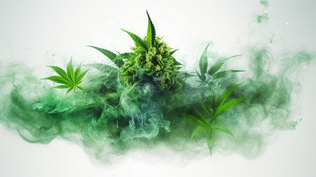 Cannabis leaves with smoke. Green background. Marijuana legalization.の素材