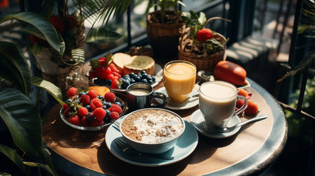Cup of coffee with milk and fruits on table in cafe.の素材