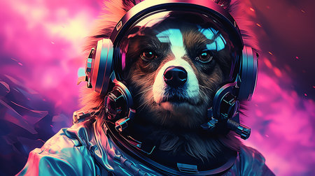 Astronaut dog in headphones. Portrait of a dog in space.の素材