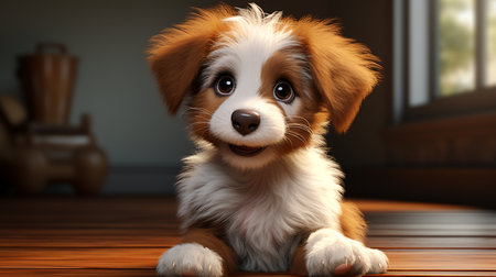 Cute puppy sitting on the floor in front of the window.の素材