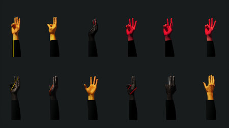 Black and red hands with different gestures on black background. Vector illustration.の素材