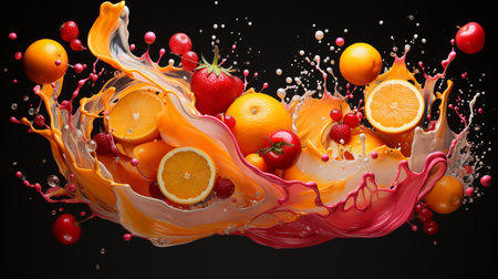 Fruit and vegetable juice splashing out of a bowl on black backgroundの素材