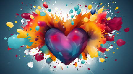 Colorful heart with splashes of paint on a blue background.の素材