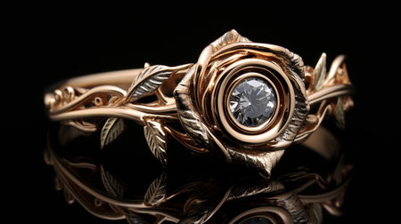 Jewelry ring on a black background with reflection. Jewelry background.の素材