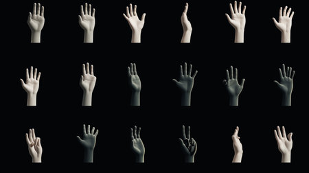 3d render of human hands with different gestures isolated on black backgroundの素材