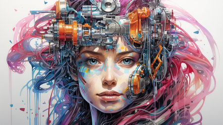 Futuristic woman with head-mounted display. 3d renderingの素材
