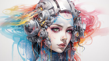 3D rendering of a female robot with futuristic hairstyle and headphones.の素材