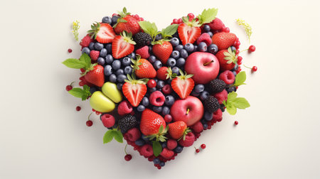 Heart shape made of fresh berries and fruits on a white background.の素材