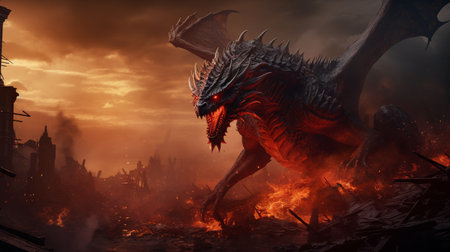 Fantasy scene with dragon and city destroyed by fire. 3d illustrationの素材