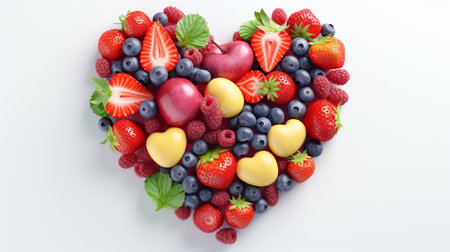 Heart made of fresh fruits and berries on white background, valentine conceptの素材