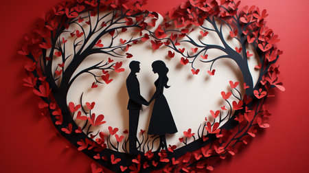 Silhouette of a man and a woman in the shape of a heart against the background of a tree with red heartsの素材