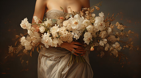 Bouquet of white flowers in the hands of a girl.の素材