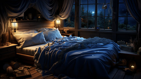3d rendering of a cozy bedroom with a large window overlooking the night cityの素材