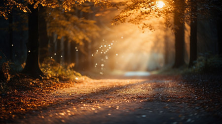 Autumnal forest road with sunbeams and bokehの素材