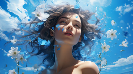 Beautiful girl with blue hair and white flowers in the blue skyの素材