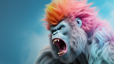 3D Illustration of an angry and aggressive gorilla with rainbow hairの素材