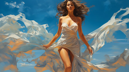 Beautiful woman in white dress on the sky background. 3d renderingの素材