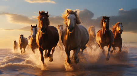 Herd of horses running in the water on the beach at sunsetの素材