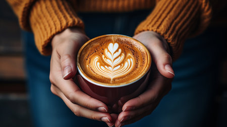 Close up of female hands holding cup of coffee with latte artの素材